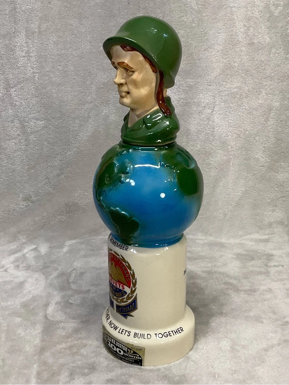 1975 Vtg Old Mr. Boston AMVETS Figural Liquor Decanter With Soldier Head